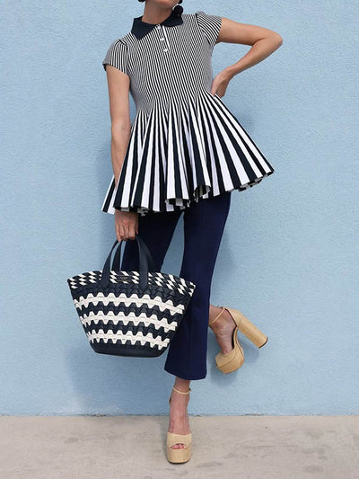 Short Sleeves Pleated Split-Joint Striped Patterns Lapel Blouses&Shirts Tops