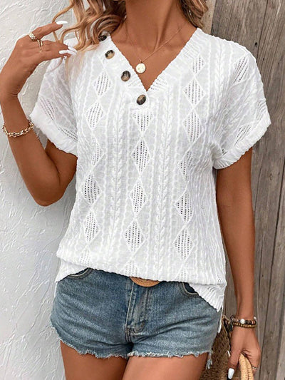 Loose Short Sleeves Buttoned Solid Color V-Neck T-Shirts Tops