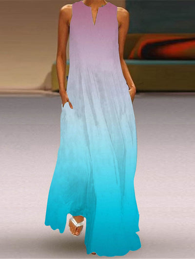 A-Line Loose Contrast Color Pockets Printed Split-Joint V-Neck Maxi Dresses