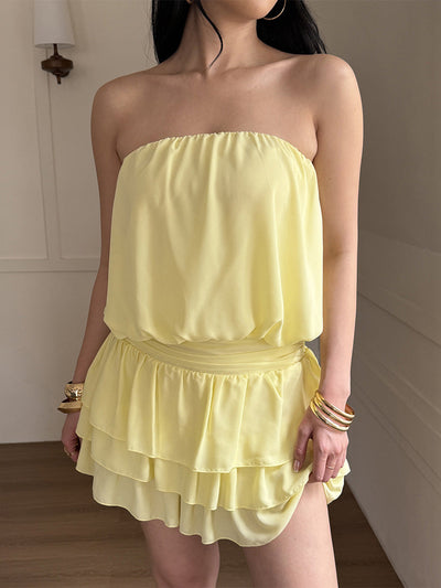 Sleeveless Elasticity Pleated Ruffled Solid Color Split-Joint Tube Mini Dresses