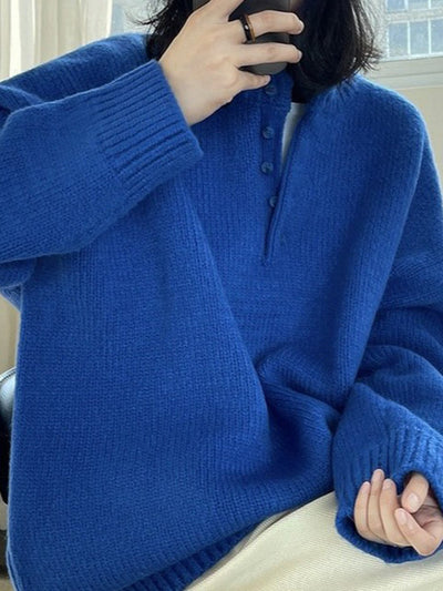 Long Sleeves Loose Solid Color Split-Joint Round-Neck Sweater Tops