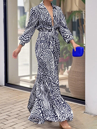 Loose Puff Sleeves Pleated Printed Split-Joint Deep V-Neck Jumpsuits