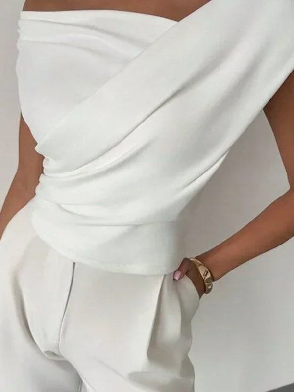 Short Sleeves Skinny Asymmetric Pleated Solid Color Split-Joint Asymmetric Neckline T-Shirts Tops