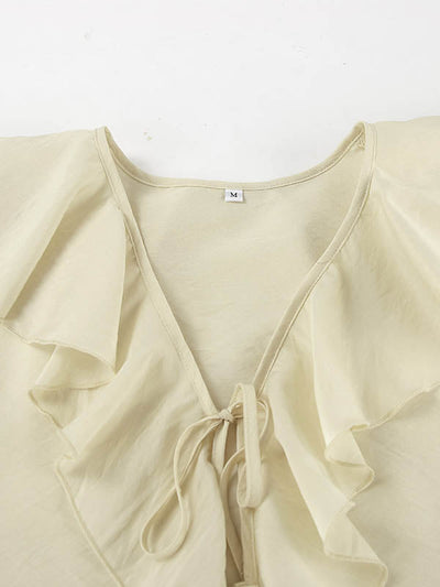 Long Sleeves Loose Ruffle Trim Solid Color Tied V-Neck Blouses&Shirts Tops + Elasticity Shorts Bottom Two Pieces Set