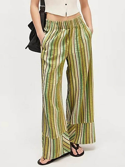 Elasticated Waist High Waisted Contrast Color Printed Split-Joint Striped Pants