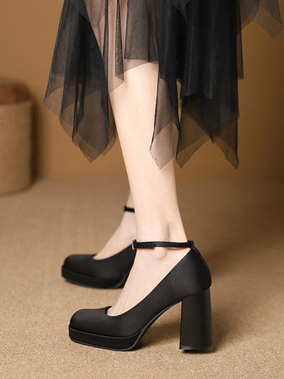 Lace-Up Shallow Cut Square-Toe Mary Janes Pumps