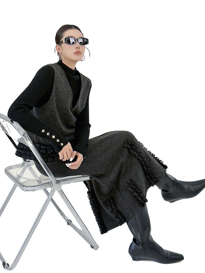 Contrast Color Ruffled Split-Joint V-Neck Vest Top + Elasticated Waist High Waisted Pleated Skirts Bottoms Two Pieces Set