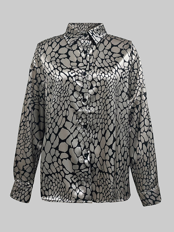 Long Sleeves Loose Buttoned Contrast Color Snakeskin Printed Lapel Blouses&Shirts Tops
