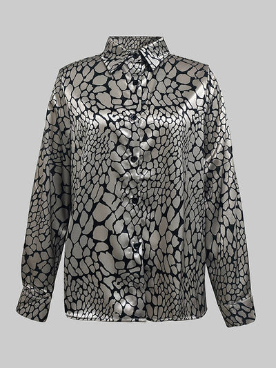 Long Sleeves Loose Buttoned Contrast Color Snakeskin Printed Lapel Blouses&Shirts Tops