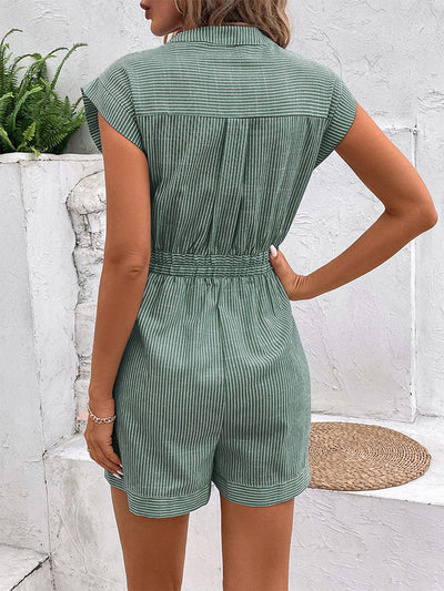 Elasticated Waist High Waisted Buttoned Contrast Color Pockets Split-Joint Striped Tied Waist V-Neck Rompers