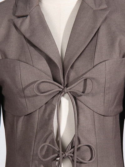 Long Sleeves Loose Pockets Solid Color Tied Notched Collar Blazer Outerwear