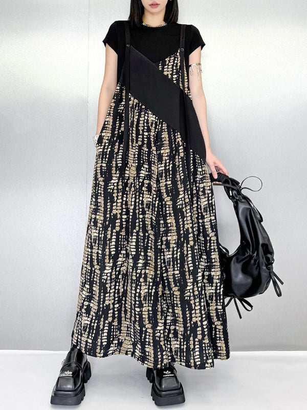 Loose Sleeveless Asymmetric Contrast Color Printed Split-Joint Spaghetti-Neck Overalls