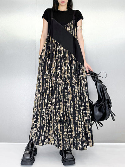 Loose Sleeveless Asymmetric Contrast Color Printed Split-Joint Spaghetti-Neck Overalls