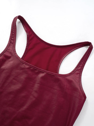 Skinny Sleeveless Shiny Solid Color Split-Joint Spaghetti-Neck Vest Top
