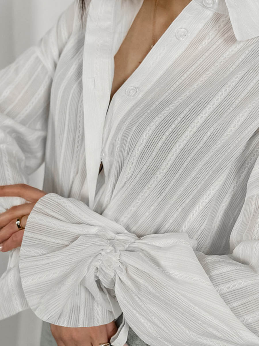 Long Sleeves Loose Buttoned Solid Color Split-Joint Striped Lapel Blouses&Shirts Tops