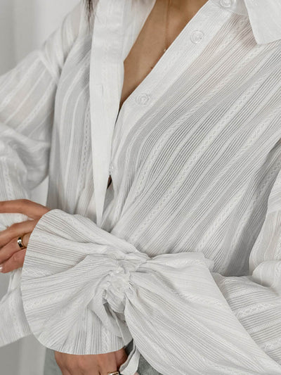Long Sleeves Loose Buttoned Solid Color Split-Joint Striped Lapel Blouses&Shirts Tops