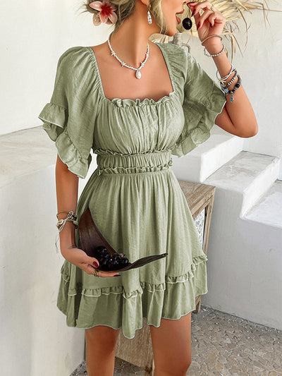 A-line High Waisted Elasticity Pleated Ruffle Trim Solid Color Square-neck Mini Dresses