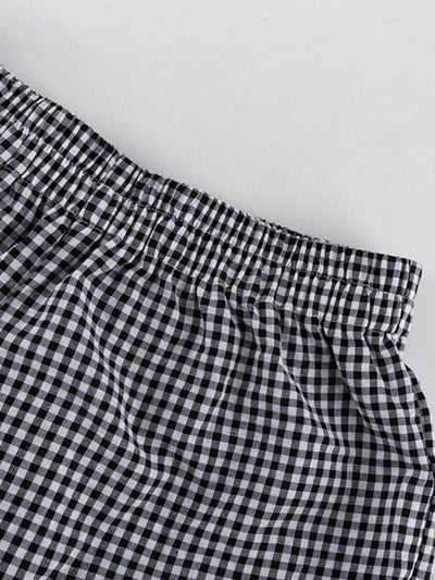 Loose  Contrast Color Plaid Ruffled Split-Joint  Long Sleeves Buttoned Lapel Blouses&Shirts Tops + Pants Two Pieces Set