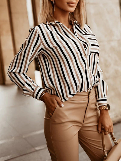 Long Sleeves Loose Buttoned Contrast Color Pockets Striped Lapel Blouses&Shirts Tops