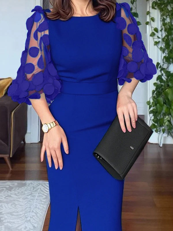 Bodycon High Waisted Solid Color Split-Front Split-Joint Round-Neck Midi Dresses