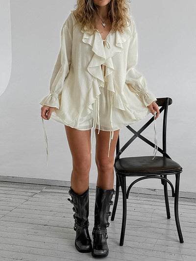 Long Sleeves Loose Ruffle Trim Solid Color Tied V-Neck Blouses&Shirts Tops + Elasticity Shorts Bottom Two Pieces Set