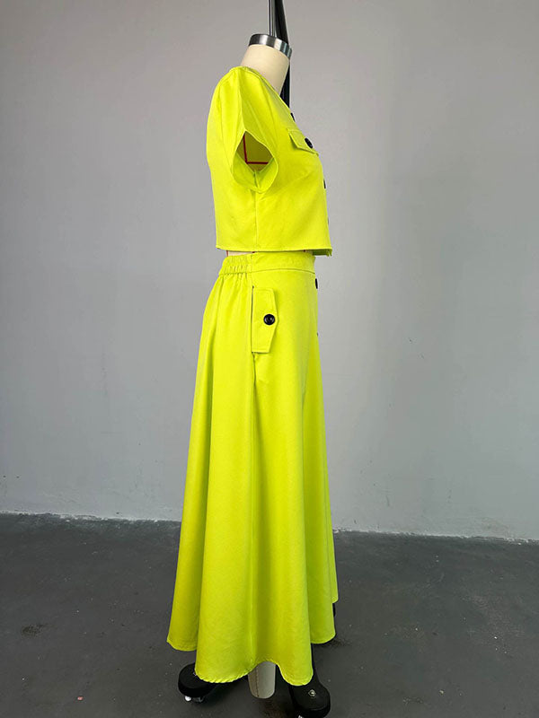 Buttoned Pockets Split-Joint Round-Neck T-Shirt Top + A-Line High Waisted Skirts Bottom Two Pieces Set