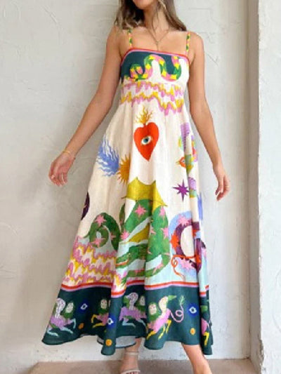 A-Line High Waisted Contrast Color Pleated Printed Split-Joint Spaghetti-Neck Midi Dresses