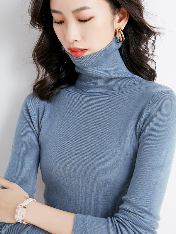 Simple Skinny Long Sleeves Solid Color High-Neck Sweater Tops Pullovers