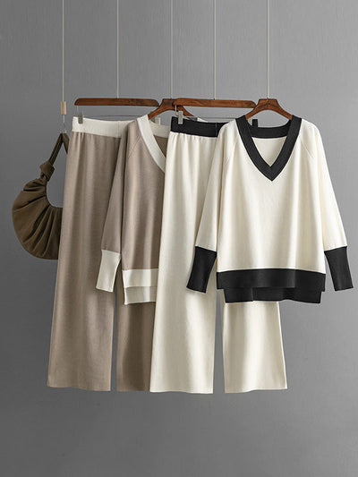 High-Low Contrast Color Split-Side V-Neck Sweater Tops + Elasticity Pants Trousers Two Pieces Set