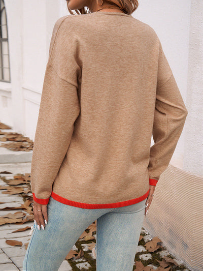 Long Sleeves Loose Contrast Color V-Neck Pullovers Sweater Tops