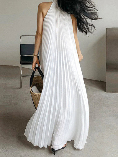 Loose Pleated Solid Color Stand Collar Maxi Dresses