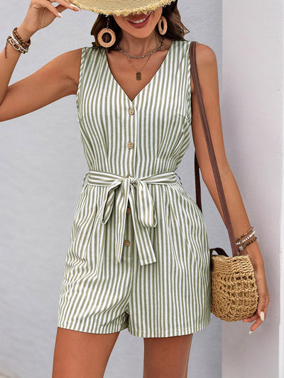Elasticated Waist High Waisted Buttoned Pockets Striped Tied Waist V-Neck Rompers