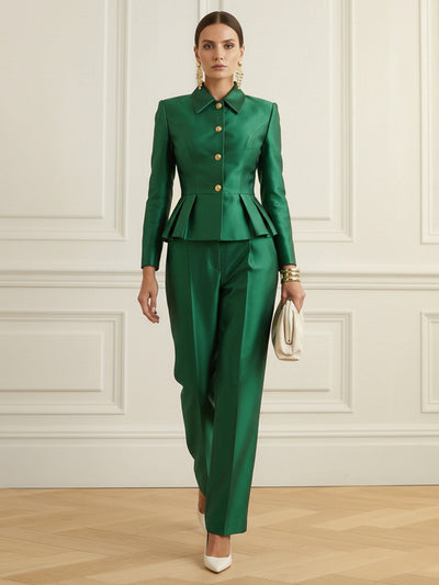 Elasticated Waist High Waisted Buttoned Contrast Color Ruffled Split-Joint Lapel Blazer Blouses&Shirts Tops