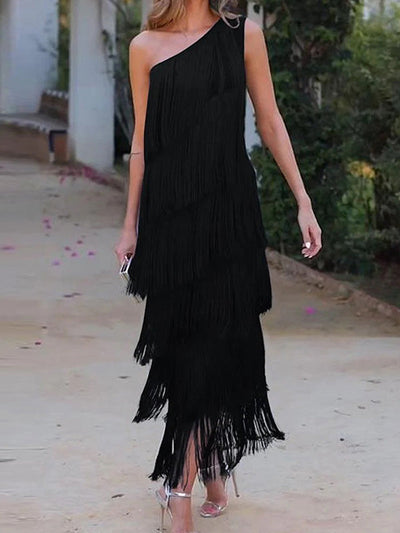 Loose Sleeveless Asymmetric Solid Color Split-Joint Tasseled One-Shoulder Maxi Dresses
