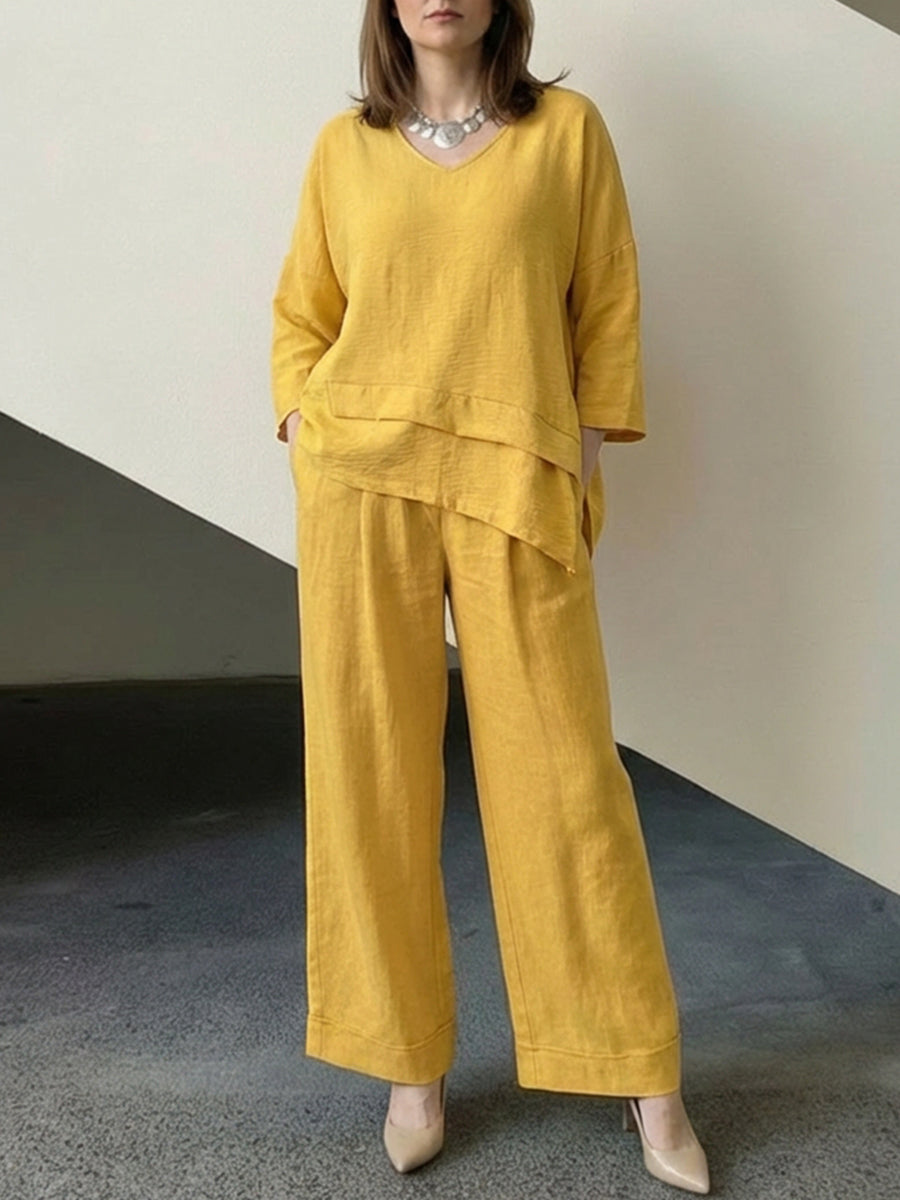 Loose Long Sleeves  Asymmetric Split-Joint Top + Wide Leg Pants Two Pieces Set