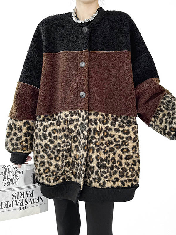 Long Sleeves Loose Buttoned Contrast Color Reversible Split-Joint Round-Neck Cardigan Tops Outerwear
