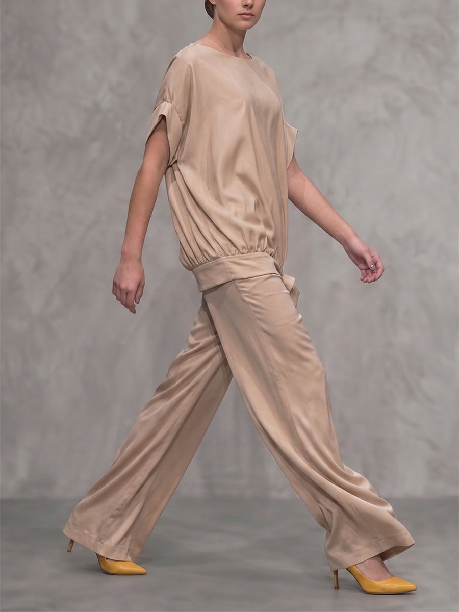Loose Short Sleeves Pleated Solid Color Split-Joint Tied Round-Neck Blouses&Shirts Tops
