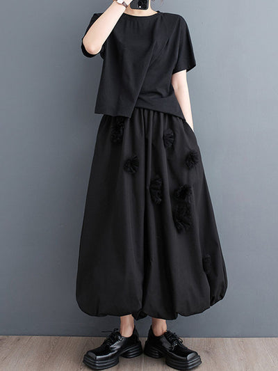 Loose Flower-Embellished Elastics Solid Color Skirts Bottoms