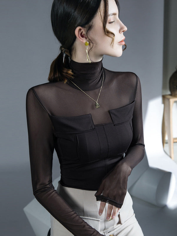 Long Sleeves Skinny See-Through Solid Color Split-Joint High Neck Blouses&Shirts Tops