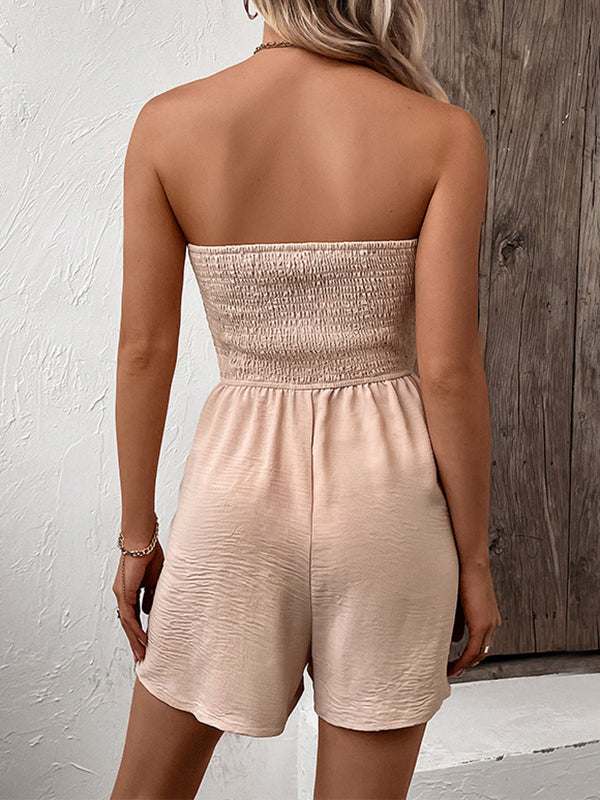 Loose Plus Size Buttoned Drawstring Elasticity Pockets Split-Joint Tube Rompers