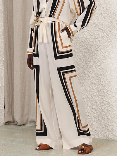 Loose Wide Leg Plaid Striped Tied Waist Casual Pants Bottoms Trousers