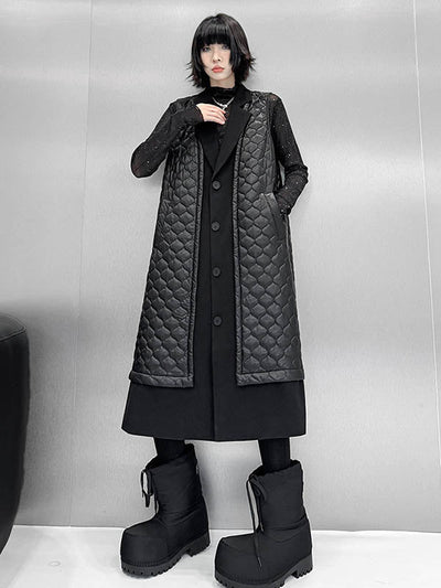 Loose Sleeveless Buttoned Plaid Pockets Solid Color Split-Joint Notched Collar Outerwear Padded Vest