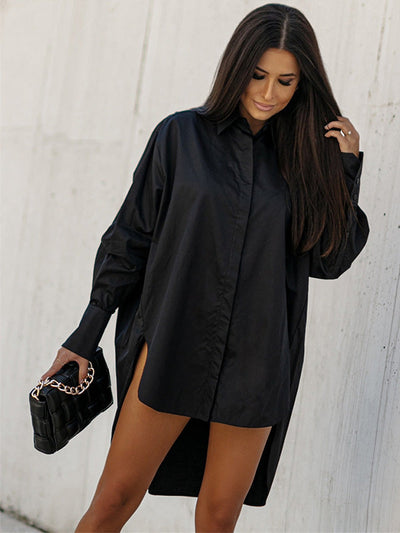 Urban Long Sleeves High-Low Solid Color Lapel Collar Blouses
