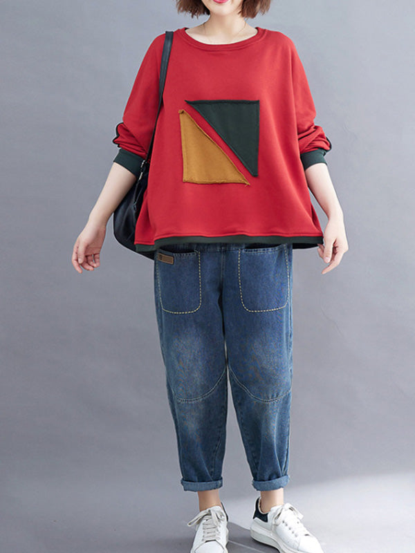 Artistic Retro Loose Triangle Applique Contrast Color Round-Neck Long Raglan Sleeves Sweatshirt