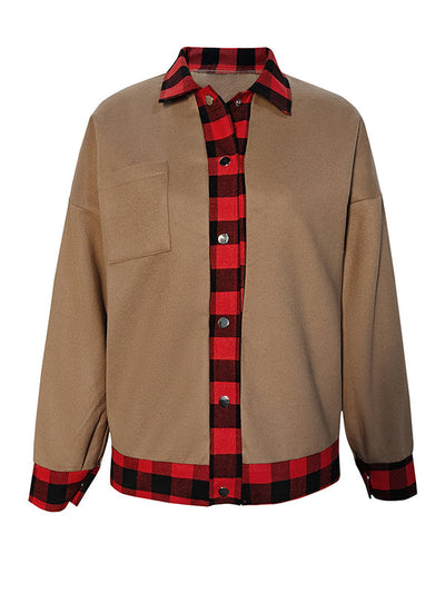 Long Sleeves Loose Buttoned Plaid Pockets Split-Joint Lapel Woolen Coat