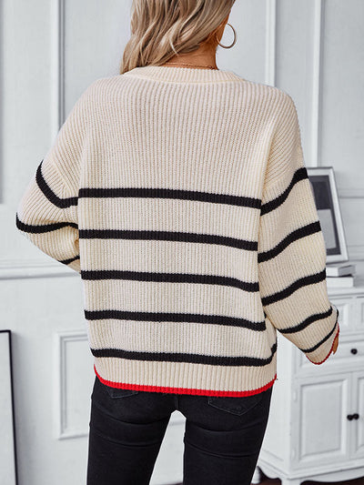 Long Sleeves Loose Contrast Color Split-Joint Striped Round-Neck Pullovers Sweater Tops