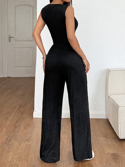 High Waisted Loose Solid Color Round-Neck Jumpsuits