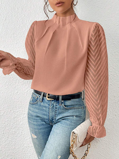 Long Sleeves Loose Elasticity Mesh Pleated Solid Color Mock Neck Blouses&Shirts Tops
