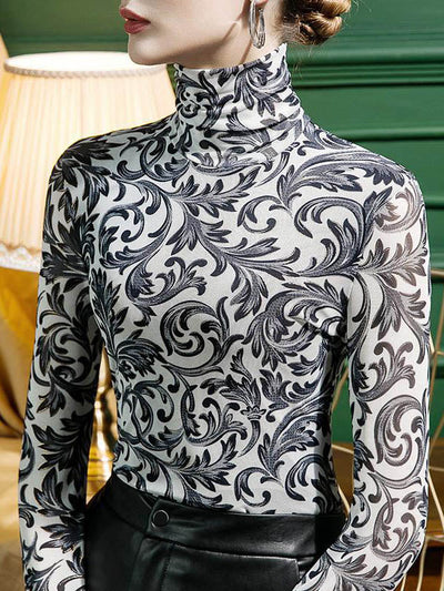 Long Sleeves Skinny Contrast Color Split-Joint High Neck T-Shirts Tops