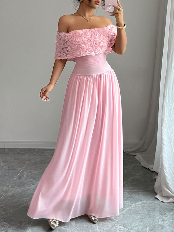 A-Line Half Sleeves Pleated Solid Color Split-Joint Three-Dimensional Flower Off-The-Shoulder Maxi Dresses